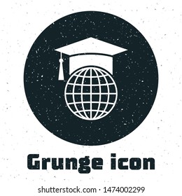 Grunge Graduation cap on globe icon isolated on white background. World education symbol. Online learning or e-learning concept.  Vector Illustration