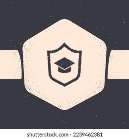 Grunge Graduation cap with shield icon isolated on grey background. Insurance concept. Security, safety, protection, protect concept. Monochrome vintage drawing. Vector