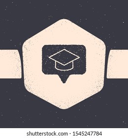 Grunge Graduation cap in speech bubble icon isolated on grey background. Graduation hat with tassel icon. Monochrome vintage drawing. Vector Illustration