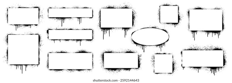 Grunge graffiti boarder silhouettes with wet splatters, paint drips, ink spray texture. Geometric frames with urban street art elements, blank border callouts with text box. Vector illustration of