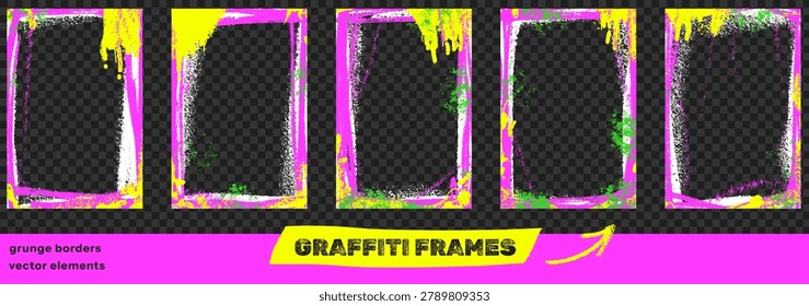 Grunge graffiti frame set and neon spray paint boarder with messy edges. Pink and lime graffiti splash on grunge wall with spraypaint trim. Vector urban rectangle elements isolated for hip hop poster.