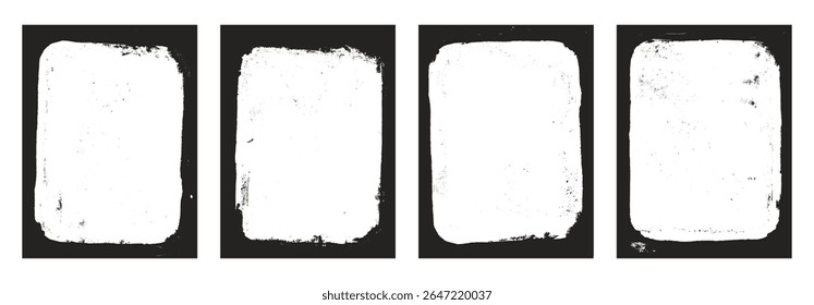 Grunge graffiti quadros definir modelos. Borda de tinta com bordas ásperas para cartaz e banner. Sobreposições texturizadas retrô. Fundo retangular preto abstrato panfleto. Ilustração de design de vetor.