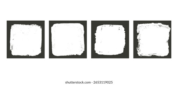 Grunge graffiti frames set templates. Ink paint border with rough edges for poster and banner. Retro textured overlays. Rectangular old black abstract flyer backgrounds. Vector design illustration.