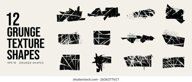 Grunge Graffiti Halftone Texture Elements Set Abstract Geometric Shapes. Ink Spray Horror Borders. Glitch Distortion. Noise Overlay And Distressed Vector Effects