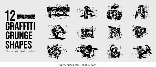 Grunge Graffiti Halftone Texture Elements Set Abstract Geometric Shapes. Ink Spray Horror Borders. Glitch Distortion. Noise Overlay And Distressed Vector Effects