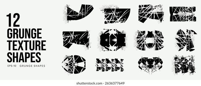 Grunge Graffiti Meio-Tom Textura Elementos Definir Formas Geométricas Abstratas. Bordas de terror de spray de tinta. Distorção De Falha. Sobreposição De Ruído E Efeitos De Vetor Perturbados