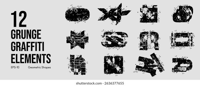 Grunge Graffiti Halftone Texture Elements Set Abstract Geometric Shapes. Ink Spray Horror Borders. Glitch Distortion. Noise Overlay And Distressed Vector Effects