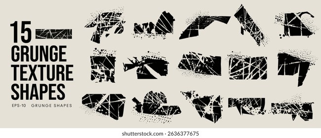 Conjunto de Elementos de textura de semitono de grunge Graffiti Formas geométricas Abstractas. Bordes de horror de pulverización de tinta. Distorsión de fallo. Superposición De Ruido Y Efectos De Vector Afectado