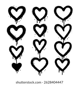 Grunge graffiti hearts icons set. Urban airbrush scribble ink heart shapes icons drawn with spray paint. Textured vector illustration.