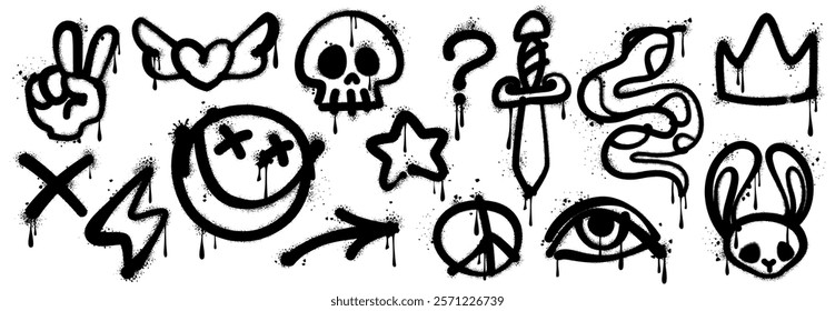 Grunge graffiti paint, ink spray vector icons set. Black urban and street culture elements. Snake, skull, crown and rabbit head, lightning bolt, question mark and winged heart. Eye, star and cross