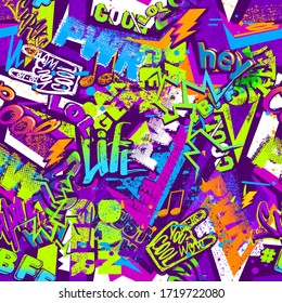 Grunge graffiti repeat print. Street art seamless pattern. Colorful teenagers grungy ornament for sport clothes, fashion textile, wrapping paper