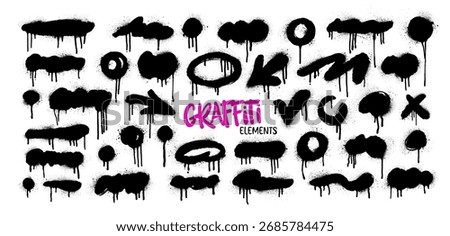 Grunge graffiti spray paint elements, ink splatters and drips. Urban street art blots, circles with drips. Horizontal wavy strokes with spraypaint effect. Aerosol brush effect with a dirty ink stains.