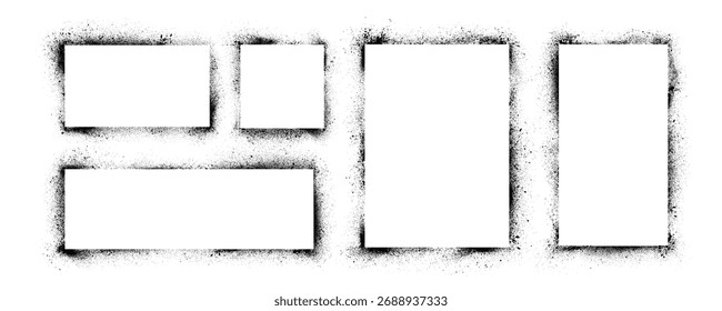 Grunge graffiti stencil frames with spray paint borders. Black vector rectangles and squares. Airbrushing paint banners, splatter ink shapes.  Places for text or pictures. Graffiti spraypaint element.