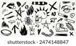 Grunge graffiti, tattoo hand drawn sticker, skull, heart, hand gesture, eyes. Rock n roll, metal or punk music doodle scribble vector illustration sticker set. Charcoal, chalk or black marker style. 