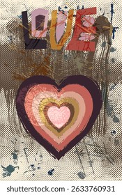 Grunge graffiti vector distressed poster with textured hear on half tone background with sprayed paint with splatters and stains