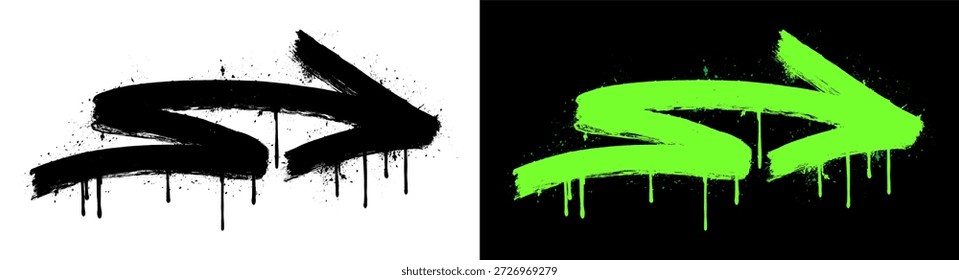Grunge graffiti zigzag arrow pointing right in black and green with spray paint texture and drips. Urban street art style graphic