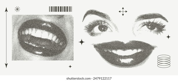 Grunge grain eyes and mouths with retro photocopy effect Y2K. Pop art design. Vector illustration for T-shirt prints, collage designs, banner, posters.