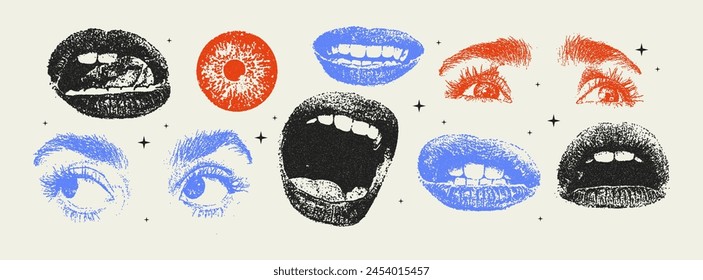 Grunge grain eyes and mouths with a xerox or photocopy effect in a pop art style. Dotted elements with halftone stipple effect for gothic collage design. Vector illustration.