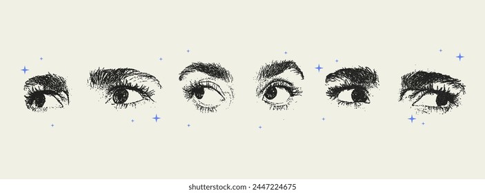 Grunge grain eyes with a xerox or photocopy effect in a pop art style. Dotted elements with halftone stipple effect for gothic collage design. Vector illustration.	
