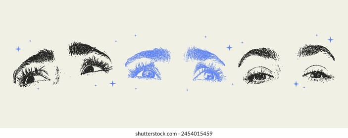 Grunge grain eyes with a xerox or photocopy effect in a pop art style. Dotted elements with halftone stipple effect for gothic collage design. Vector illustration.