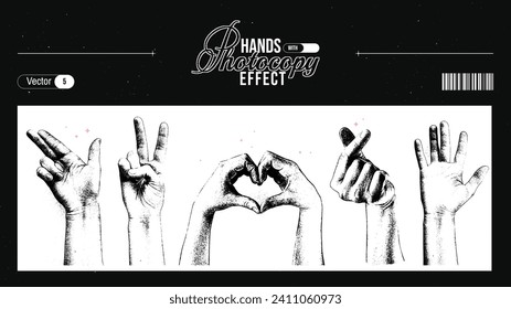 Grunge grain hands with a xerox or photocopy effect in a digital maximalism style. Set of different elements for graphic design. Vector illustration.