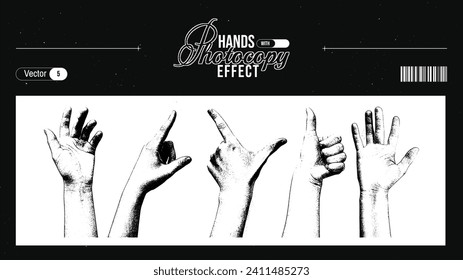 Grunge grain hands with a xerox or photocopy effect in an anti-design. Set of different elements for graphic design. Vector illustration.