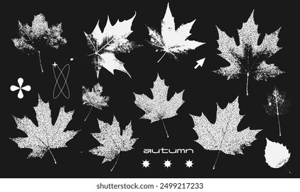 Grunge grain plant with a grainy photocopy effect. Negative print of fallen leaves. Dotted element with halftone stipple effect for gothic collage design. Vector illustration.