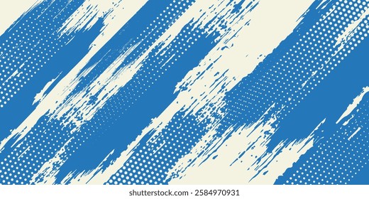 Grunge grainy blue brush stroke with spray texture. Hand drawn distress damaged vintage banner with zigzag bold line. Rough thick brush stroke texture.