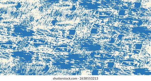 Grunge grainy blue brush stroke with spray texture. Hand drawn distress damaged vintage banner with zigzag bold line. Rough thick brush stroke texture. Spray paint effect vector background.