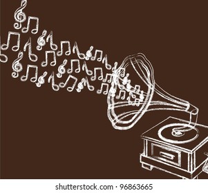 grunge gramophone isolated over brown background. vector