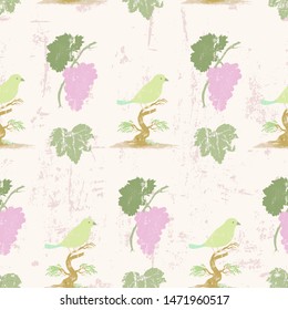 Grunge grape and vine leaves with bird sitting colorful seamless pattern