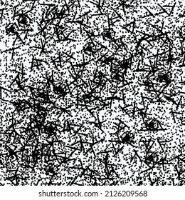 Grunge graphics made of short lines, pixels and some spots. Artwork in black and white.