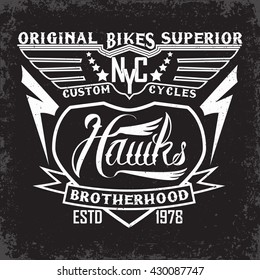 Grunge graphics vintage typography print, T-shirt stamp, emblem of the biker brotherhood, vector