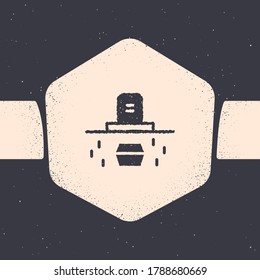 Grunge Grave with tombstone and coffin icon isolated on grey background. Monochrome vintage drawing. Vector