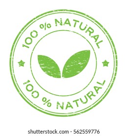 Grunge green 100 percent natural with leaf icon round rubber stamp