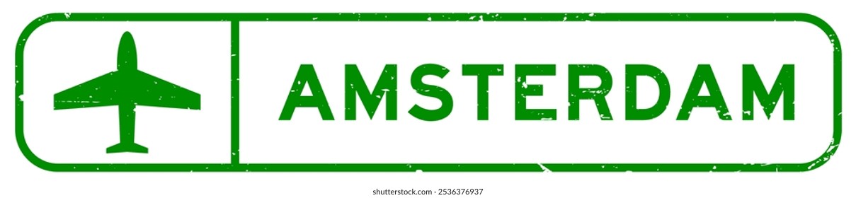 Grunge palabra verde de Amsterdam con el sello cuadrado del sello de goma del icono plano en el fondo blanco