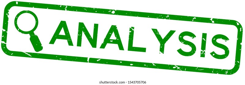 Grunge green analysis word with magnifier icon square rubber seal stamp on white background