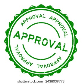 Grunge green approval word round rubber seal stamp on white background