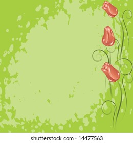 Grunge green background with   abstract  red tulips, vector.