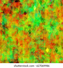 Grunge green and brown surface with spots and rhombus. Abstract seamless background for fabric, wrapping, home decor. Watercolor effect.