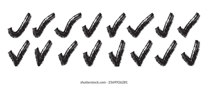 Grunge green check mark design elements. Check mark hand drawn with brush strokes isolated on white background. Vector illustration
