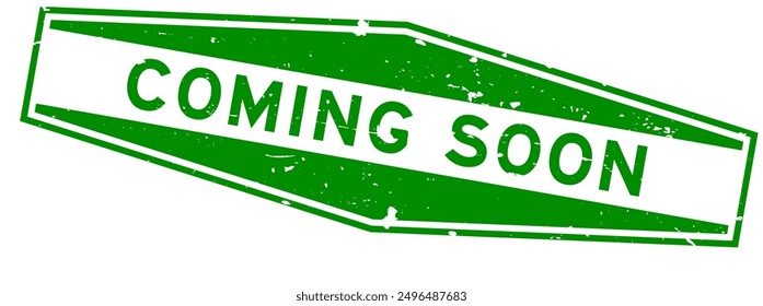 Grunge green coming soon word hexagon rubber seal stamp on white background