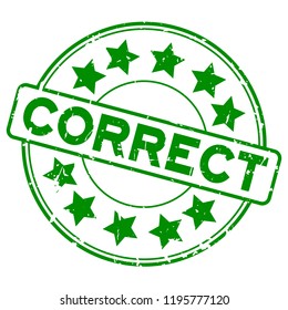 Grunge green correct with star icon round rubber seal stamp on white background
