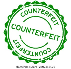 Grunge green counterfeit word round rubber seal stamp on white background