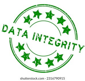 Grunge green data integrity word with star icon round rubber seal stamp on white background