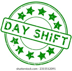 Grunge green day shift word with star icon round rubber seal stamp on white background