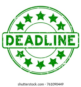 Grunge green deadline with star icon round rubber seal stamp on white background