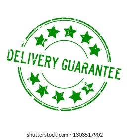 Grunge green delivery guarantee word with star icon round rubber seal stamp on white background