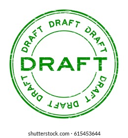 Grunge green draft round rubber stamp on white background