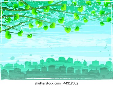 Grunge green ecological city under tree branches (other landscapes are in my gallery)